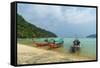 Three long tailed boats on a sandy beach, Thailand-Sergio Pitamitz-Framed Stretched Canvas