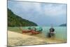 Three long tailed boats on a sandy beach, Thailand-Sergio Pitamitz-Mounted Photographic Print