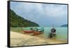 Three long tailed boats on a sandy beach, Thailand-Sergio Pitamitz-Framed Stretched Canvas