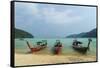 Three long tailed boats on a sandy beach, Thailand-Sergio Pitamitz-Framed Stretched Canvas