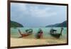 Three long tailed boats on a sandy beach, Thailand-Sergio Pitamitz-Framed Photographic Print