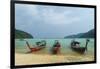 Three long tailed boats on a sandy beach, Thailand-Sergio Pitamitz-Framed Photographic Print