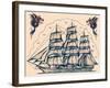 Three Masted Ship & Sea Dragons, Vintage Tattoo Flash by Norman Collins, aka, Sailor Jerry-Piddix-Framed Art Print