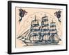 Three Masted Ship & Sea Dragons, Vintage Tattoo Flash by Norman Collins, aka, Sailor Jerry-Piddix-Framed Art Print