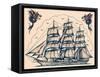 Three Masted Ship & Sea Dragons, Vintage Tattoo Flash by Norman Collins, aka, Sailor Jerry-Piddix-Framed Stretched Canvas