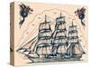 Three Masted Ship & Sea Dragons, Vintage Tattoo Flash by Norman Collins, aka, Sailor Jerry-Piddix-Stretched Canvas