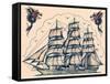 Three Masted Ship & Sea Dragons, Vintage Tattoo Flash by Norman Collins, aka, Sailor Jerry-Piddix-Framed Stretched Canvas