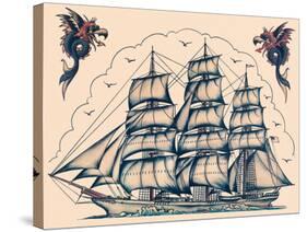 Three Masted Ship & Sea Dragons, Vintage Tattoo Flash by Norman Collins, aka, Sailor Jerry-Piddix-Stretched Canvas