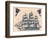 Three Masted Ship & Sea Dragons, Vintage Tattoo Flash by Norman Collins, aka, Sailor Jerry-Piddix-Framed Art Print