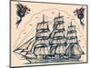 Three Masted Ship & Sea Dragons, Vintage Tattoo Flash by Norman Collins, aka, Sailor Jerry-Piddix-Mounted Art Print