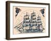 Three Masted Ship & Sea Dragons, Vintage Tattoo Flash by Norman Collins, aka, Sailor Jerry-Piddix-Framed Art Print