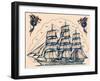 Three Masted Ship & Sea Dragons, Vintage Tattoo Flash by Norman Collins, aka, Sailor Jerry-Piddix-Framed Art Print