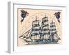 Three Masted Ship & Sea Dragons, Vintage Tattoo Flash by Norman Collins, aka, Sailor Jerry-Piddix-Framed Art Print