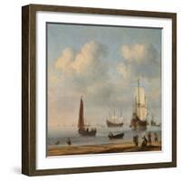 Three-Masted Ships Masts and Fishing Boats in a Calm. Ca. 1655 - 65-Willem van de Velde-Framed Giclee Print