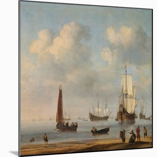 Three-Masted Ships Masts and Fishing Boats in a Calm. Ca. 1655 - 65-Willem van de Velde-Mounted Giclee Print