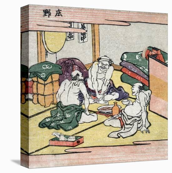 Three Men Sitting in a Room, Eating and Drinking, Japanese Wood-Cut Print-Lantern Press-Stretched Canvas