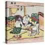 Three Men Sitting in a Room, Eating and Drinking, Japanese Wood-Cut Print-Lantern Press-Stretched Canvas