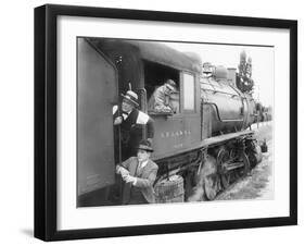 Three Men Waiting at a Steam Locomotive-null-Framed Photo