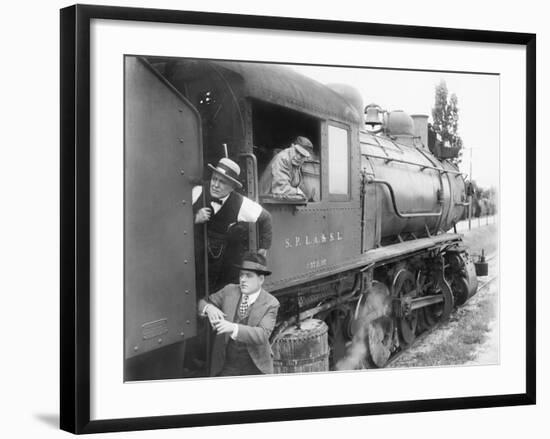 Three Men Waiting at a Steam Locomotive-null-Framed Photo