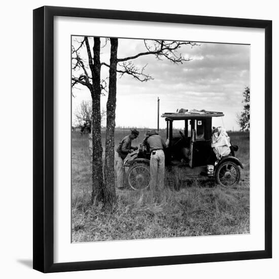 Three Men Working on 1918 Ford Model T - Has Bundles in Back and Can of Prestone on Running Board-Charles E^ Steinheimer-Framed Photographic Print