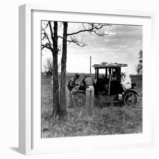 Three Men Working on 1918 Ford Model T - Has Bundles in Back and Can of Prestone on Running Board-Charles E^ Steinheimer-Framed Photographic Print