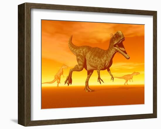 Three Monolophosaurus Dinosaurs in the Desert by Sunset-null-Framed Art Print