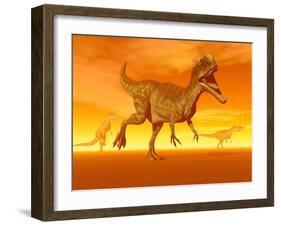 Three Monolophosaurus Dinosaurs in the Desert by Sunset-null-Framed Art Print