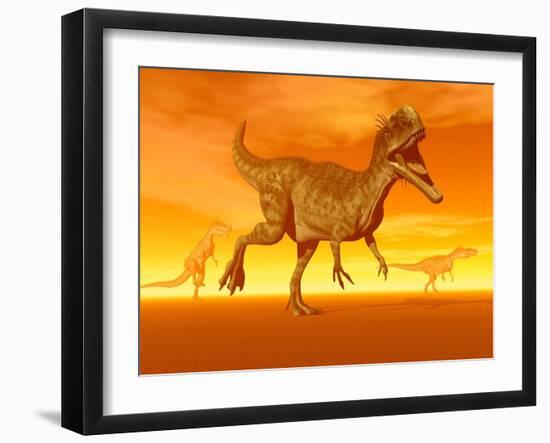 Three Monolophosaurus Dinosaurs in the Desert by Sunset-null-Framed Art Print