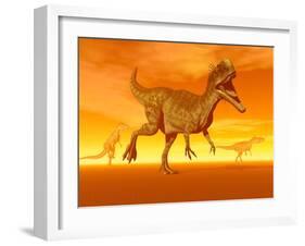 Three Monolophosaurus Dinosaurs in the Desert by Sunset-null-Framed Art Print