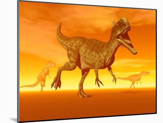 Three Monolophosaurus Dinosaurs in the Desert by Sunset-null-Mounted Art Print