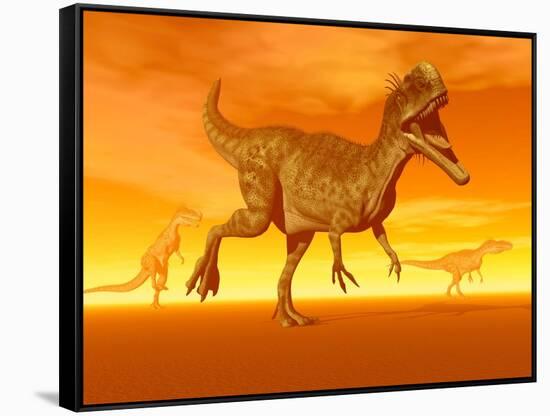 Three Monolophosaurus Dinosaurs in the Desert by Sunset-null-Framed Stretched Canvas