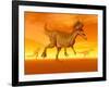 Three Monolophosaurus Dinosaurs in the Desert by Sunset-null-Framed Art Print