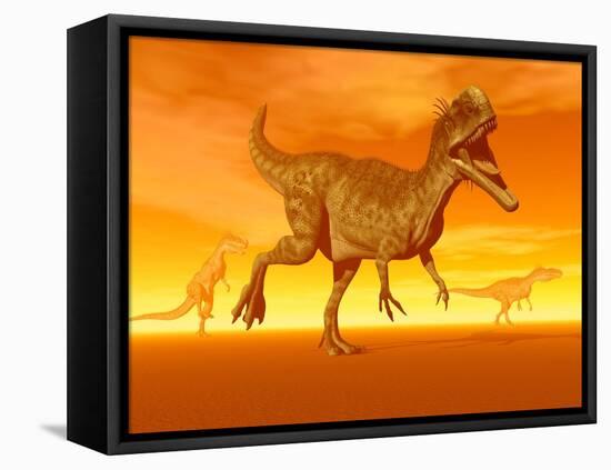 Three Monolophosaurus Dinosaurs in the Desert by Sunset-null-Framed Stretched Canvas