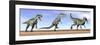 Three Monolophosaurus Dinosaurs Standing in the Desert-null-Framed Art Print