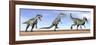 Three Monolophosaurus Dinosaurs Standing in the Desert-null-Framed Art Print