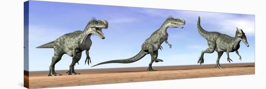 Three Monolophosaurus Dinosaurs Standing in the Desert-null-Stretched Canvas