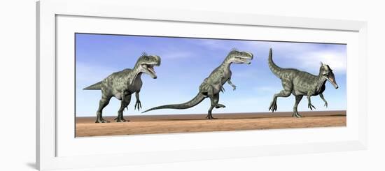 Three Monolophosaurus Dinosaurs Standing in the Desert-null-Framed Art Print