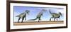 Three Monolophosaurus Dinosaurs Standing in the Desert-null-Framed Art Print