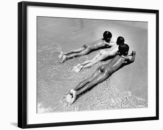 Three Native Boys Sunbathing Nude at the Edge of the Surf at Ocean Beach-Howard Sochurek-Framed Photographic Print