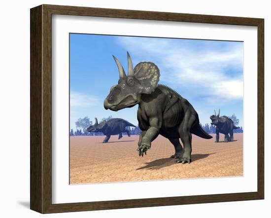 Three Nedoceratops in the Desert by Daylight-null-Framed Art Print