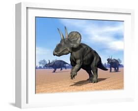 Three Nedoceratops in the Desert by Daylight-null-Framed Art Print