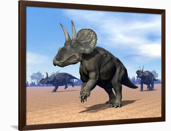 Three Nedoceratops in the Desert by Daylight-null-Framed Art Print