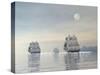 Three Old Ships Sailing in the Ocean under a Full Moon-null-Stretched Canvas