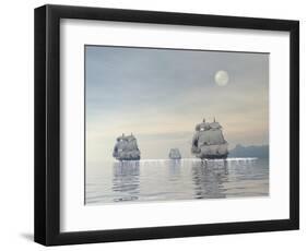 Three Old Ships Sailing in the Ocean under a Full Moon-null-Framed Art Print