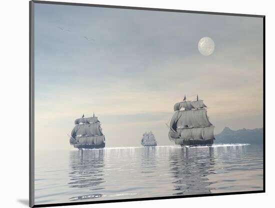 Three Old Ships Sailing in the Ocean under a Full Moon-null-Mounted Art Print