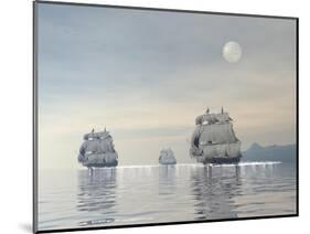 Three Old Ships Sailing in the Ocean under a Full Moon-null-Mounted Art Print