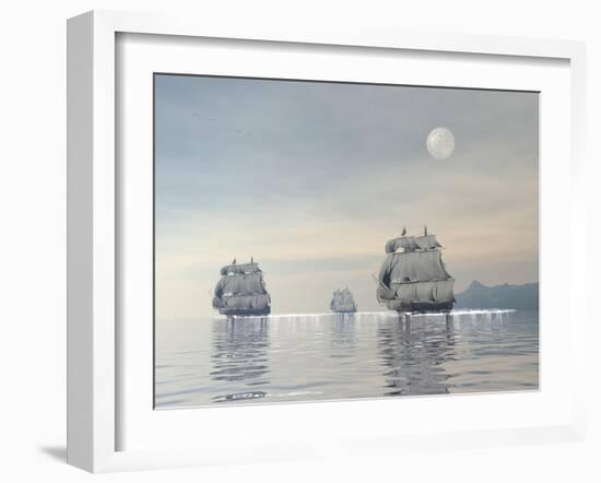 Three Old Ships Sailing in the Ocean under a Full Moon-null-Framed Art Print