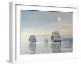 Three Old Ships Sailing in the Ocean under a Full Moon-null-Framed Art Print