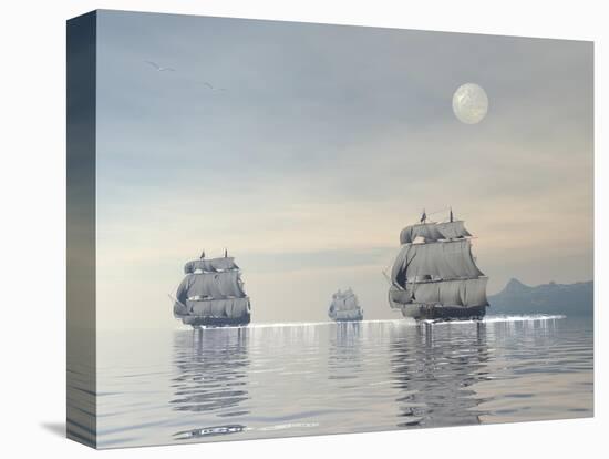 Three Old Ships Sailing in the Ocean under a Full Moon-null-Stretched Canvas