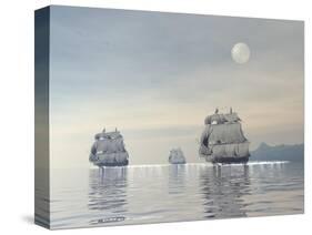 Three Old Ships Sailing in the Ocean under a Full Moon-null-Stretched Canvas